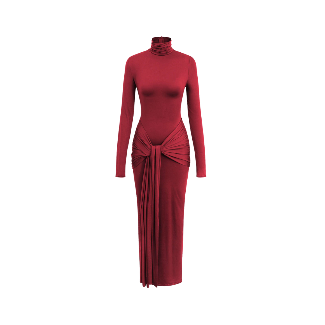 Kliou Elegance – Klassisches Maxi-Kleid mit Shirring & Hohem Krage