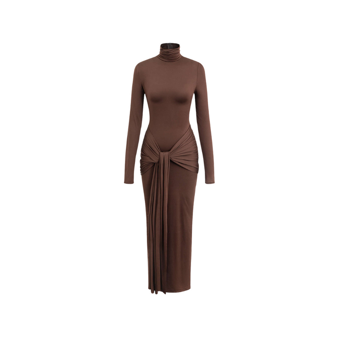 Kliou Elegance – Klassisches Maxi-Kleid mit Shirring & Hohem Krage